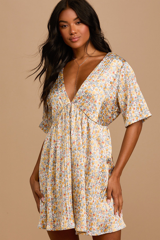 Express Yourself White Floral Print Satin Babydoll Dress | Lulus