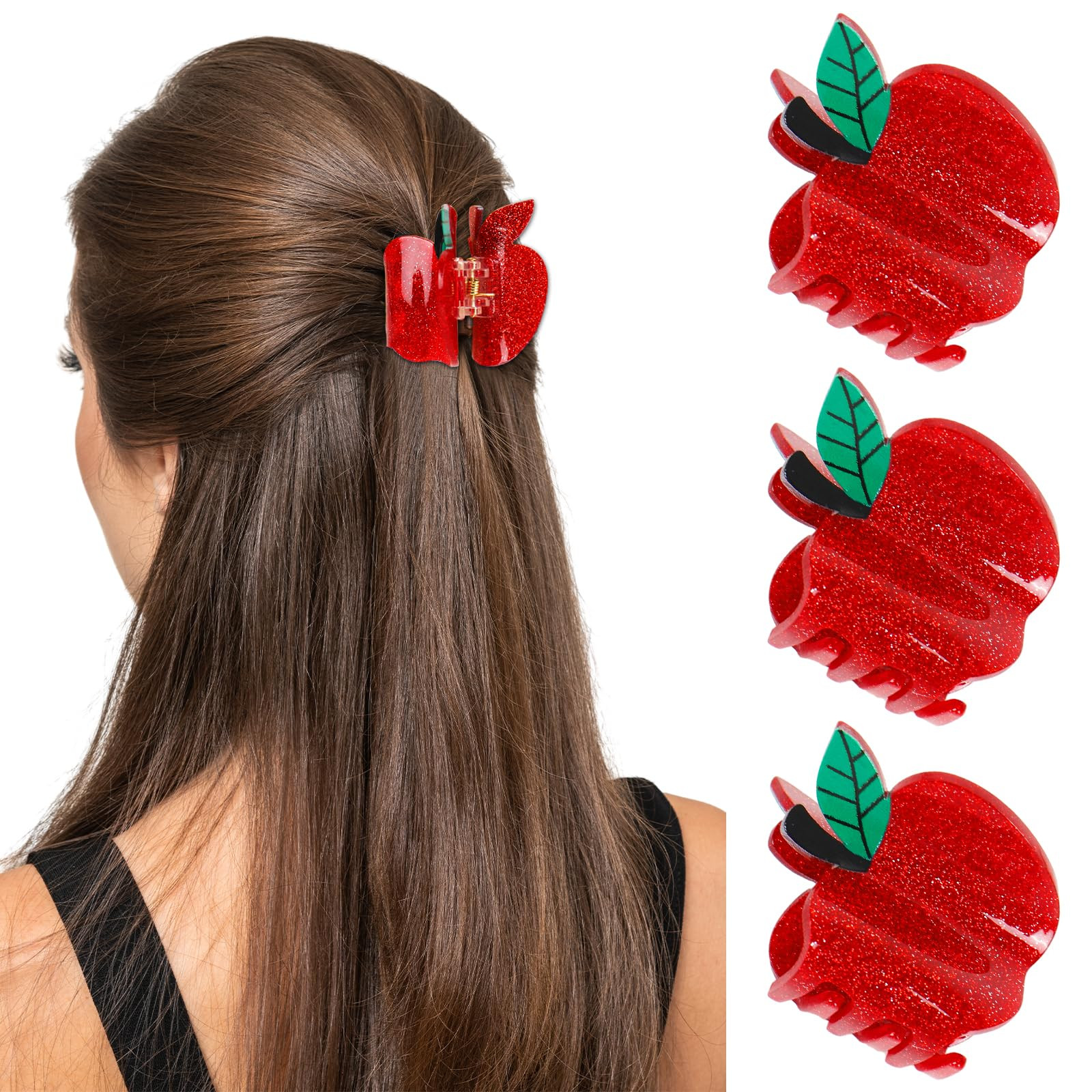 4Pcs Apples Hair Claw Clips Sparkly Red Apples Shaped Hair Jaw Barrettes Cute Mini Hairstyle Accessories for Back to School Student Teacher Women Gift | Amazon (US)