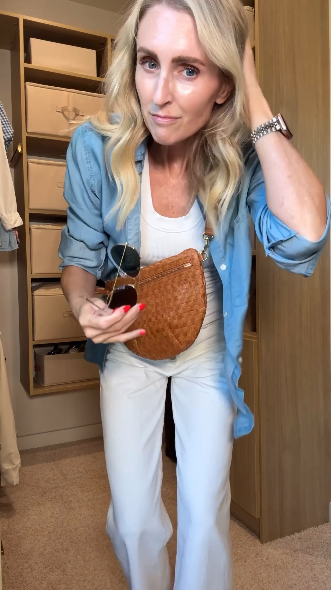 Summer outfits. Outfit idea. White button fly jeans in size 26. Denim shirt size small. Jelly shoes, crossbody bag. Ray-ban aviator sunglasses.

#LTKootd #LTKmomlife #LTKOver40
