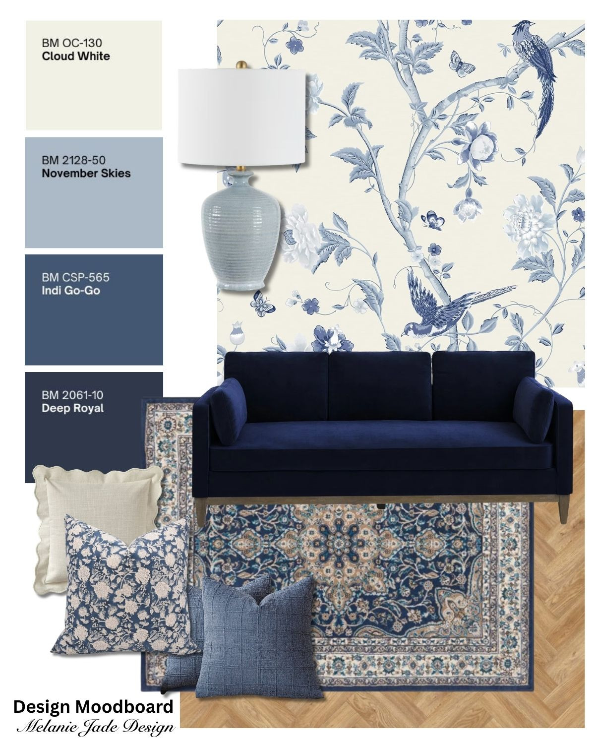 Blue living room mood board for a calm and dramatic space 
Link to wallpaper >>> https://amzn.to/46H52JU 

 #LTKspring #LTKhome #LTKstyletip