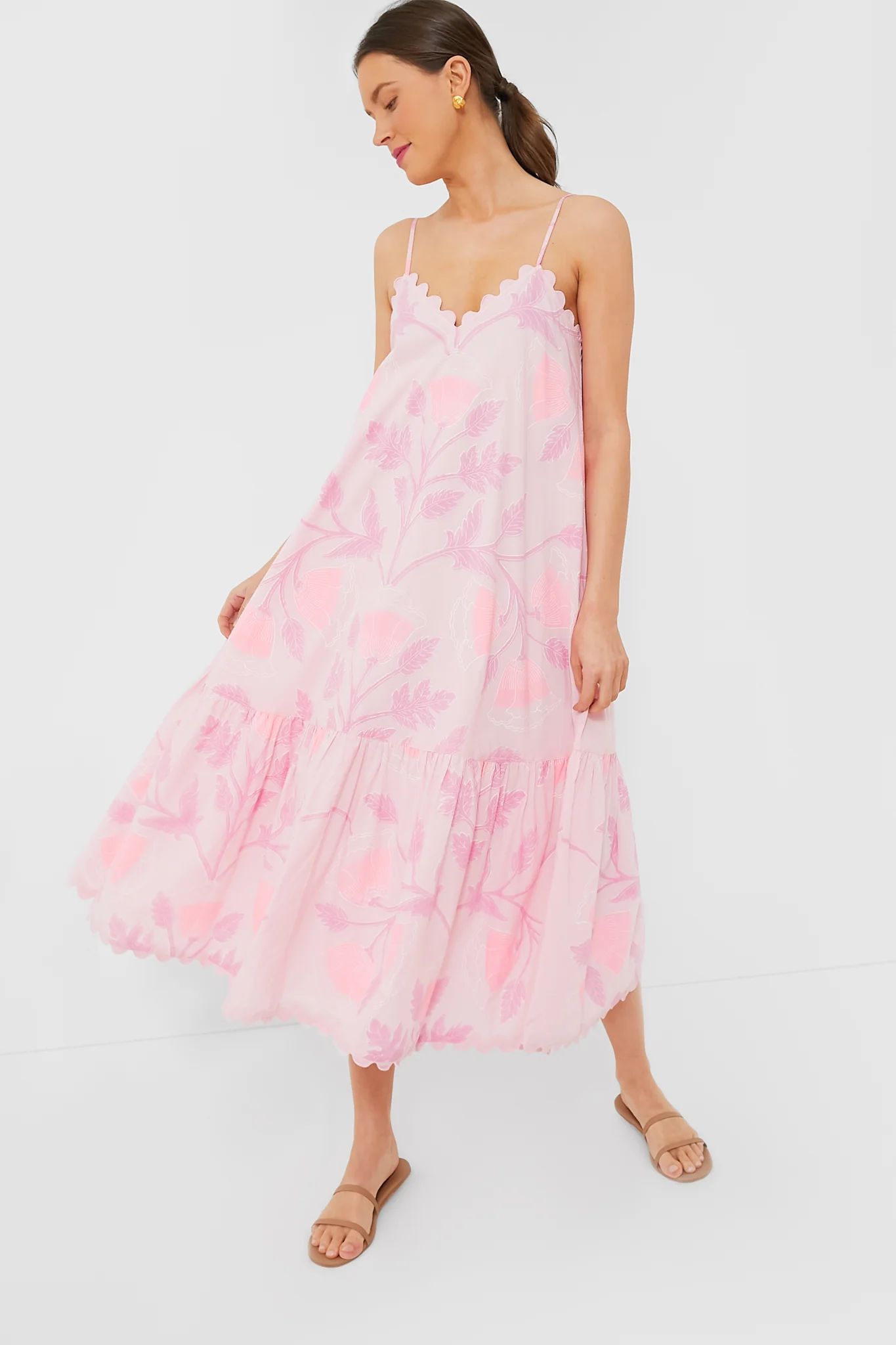 Pale Pink V-Neck Midi Dress with Bellflower Block Print | Tuckernuck (US)