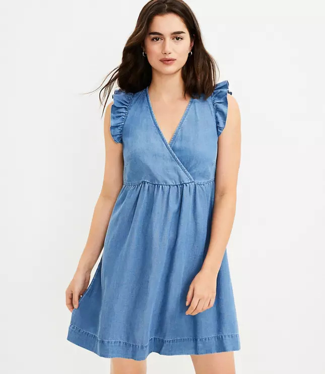 Chambray Ruffle Sleeve Crossover Dress | LOFT