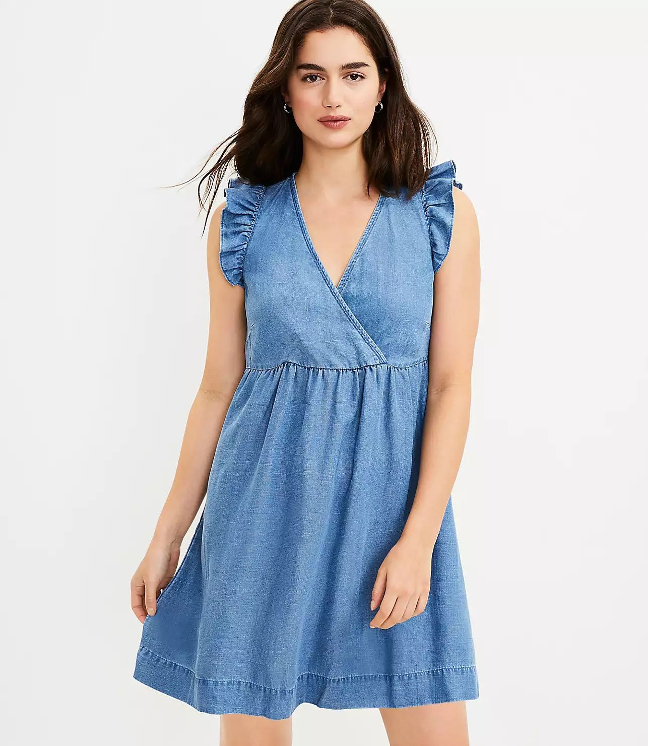 Chambray Ruffle Sleeve Crossover Dress | LOFT