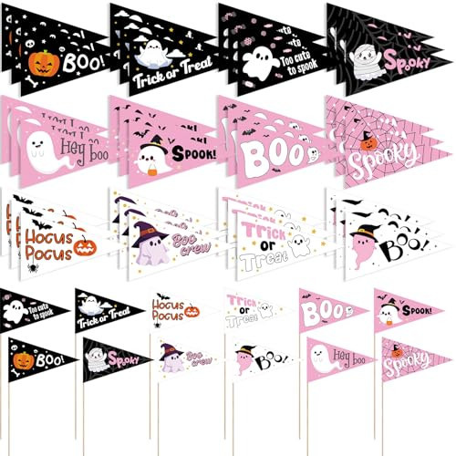 Gersoniel 36 Pcs Ghost Boo Halloween Pennant Flags Double Sided Ghost Basket Pennant Flags Triangle Boo Pumpkin Spooky Centerpieces for Halloween Decorations Party Supplies(Black, White, Pink) | Amazon (US)