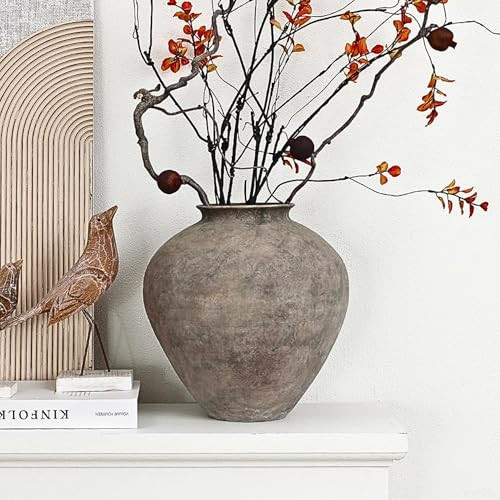 LuxenHome Rustic Ceramic Vase, 12.5" Tall Terracotta Pot with Earthy Gray-Brown Finish, Farmhouse Flower Vase for Dining Table Decor, Vintage Decorative Pottery for Living Room Home Decor | Amazon (US)
