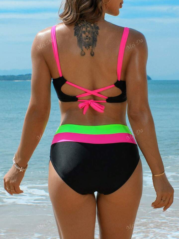 3-Color Patchwork V-Neck Halter Backless Bikini Swim Wear For Women Summer | SHEIN