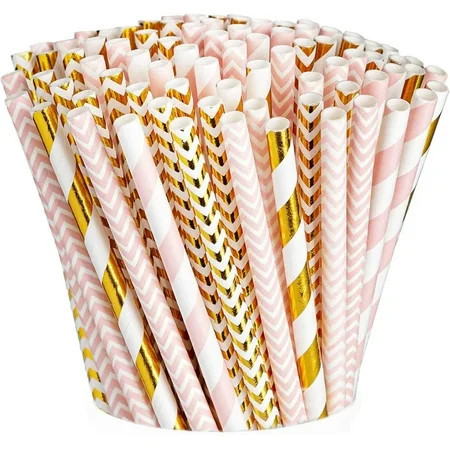 Comfy Package Light Pink & Gold Biodegradable Straws Disposable Paper Straws, 200-Pack | Walmart (US)