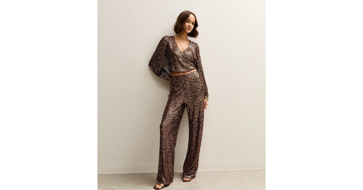 Mid Brown Sequin Soft Touch Wide Leg Trousers | New Look | New Look (UK)