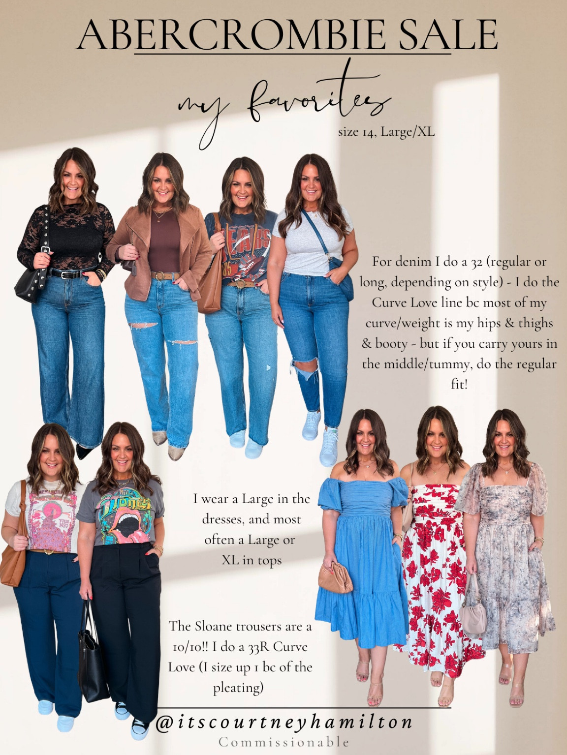 Stacking code: AFBonnie

Jeans, 32R or 32L Curve Love
Trousers, 33R Curve Love
*** if you carry most of your weight in your hips/thighs/booty, do Curve Love but if you’re more in the middle/tummy, do regular fit!
Tops, Large/XL
Dresses, Large

Abercrombie, size 14, midsize, curvy denim, mom style, elevated basics, closet staples, sale, trousers, workwear 

#LTKSaleAlert #LTKFindsUnder100 #LTKMidsize