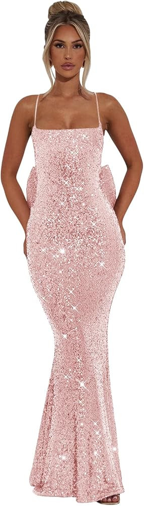 Sequin Mermaid Prom Dresses 2026 Mermaid Long Backless Spaghetti Strap Bow Bodycon Cocktail Dress | Amazon (US)