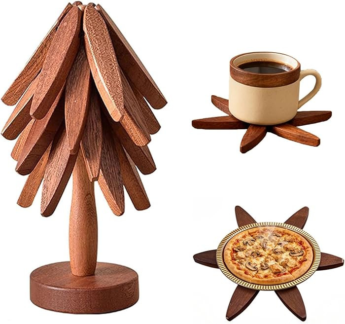 Wooden Tree Trivets for Hot Dishes: 4 Trivets and 1 Stand Christmas Tree Coasters for Pot Bowl Cu... | Amazon (US)