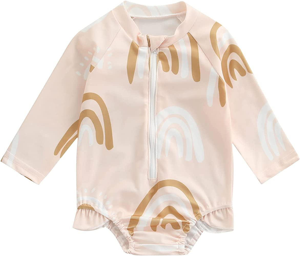 0-5Y Lovely Infant Baby Girls Swimwear Flowers/Rainbow Printed Long Sleeve Zipper Jumpsuits Beach... | Amazon (US)