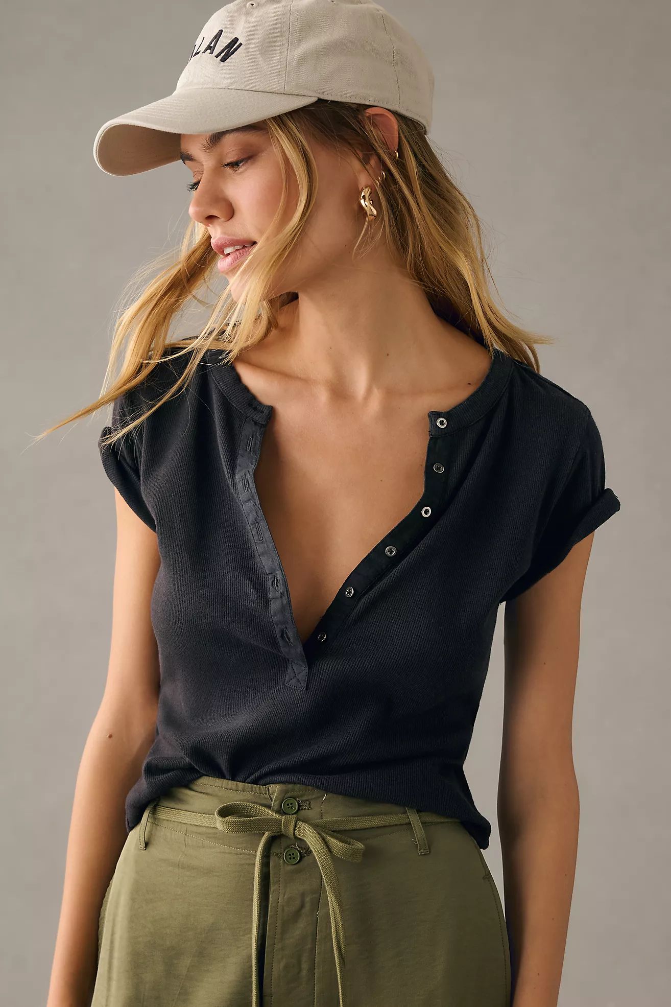Andie Ribbed Henley Top by Pilcro: Short-Sleeve Edition | Anthropologie (US)