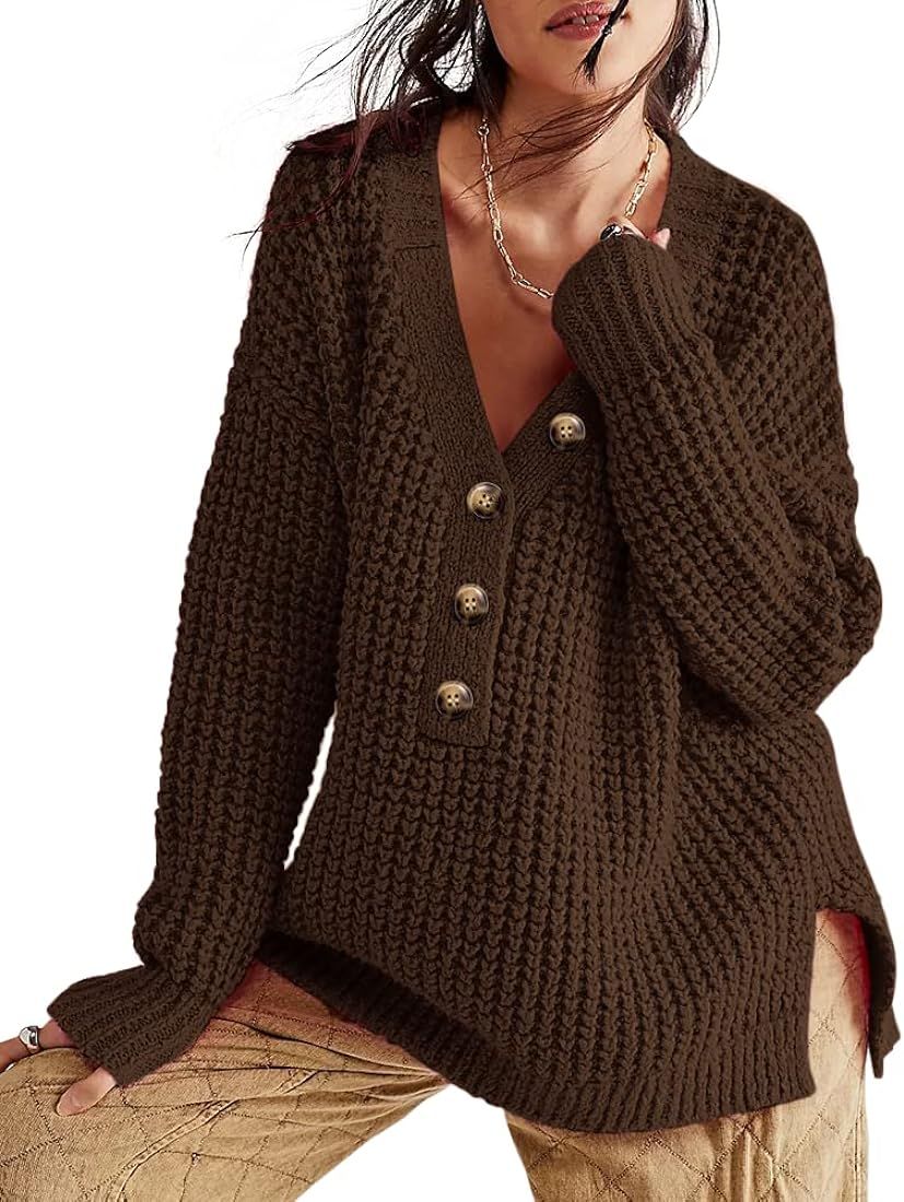 Womens V Neck Button Down Henley Sweater Long Sleeve Knit Pullover Sweaters Casual Side Slit Soli... | Amazon (US)