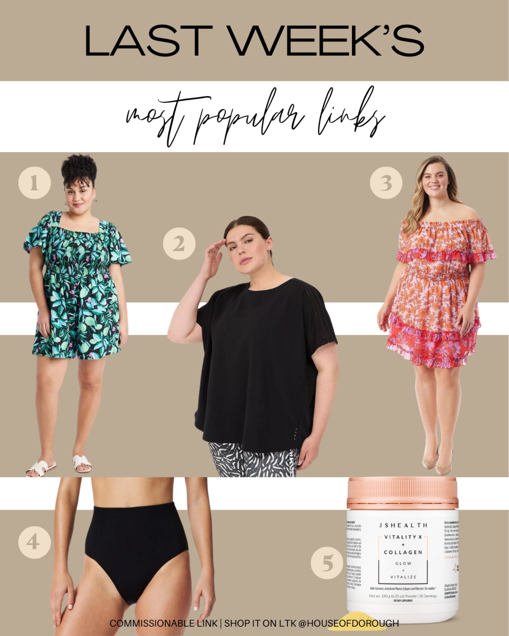 Last Week’s Most Popular Links!
1. I love this Target romper! I got it in the XXL but think the 1X would work better on my body. Get your regular size or consider sizing down if you’re petite
2. This top is what all of my athleisure dreams are made of! I’m wearing the 18/20 and it runs true to size! I love the length of it and is so cute, slightly oversized but not boxy! Perfect with leggings!
3. I love this dress from the new Jessica Simpson line at Walmart - I got my usual size 2X and it fits perfectly! It’s a little on the shorter side, so be aware of that. I think it would be so cute dressed up for a date night or casual daytime wedding/event, or dressed down for brunch or a walk through a farmers market!
4. These Spanx swim bottoms are the absolute best if you’re a compression swim girlie, I suggest sizing up, I wear the 3X and it fits my apron belly perfectly. Use code ASHLEYDXSPANX for a discount!
5. I never ever thought I’d be saying this, but this collagen powder has truly made a huge difference in my headaches and migraines and helps give me a mood boost in the afternoons!

#LTKPlusSize #LTKStyleTip #LTKSeasonal