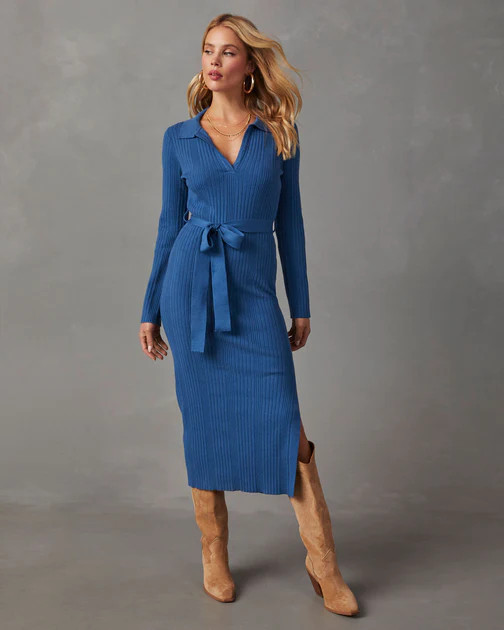 Asmara Tie Waist Midi Sweater Dress - Dark Blue | VICI