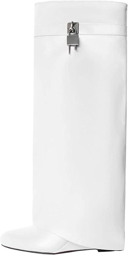 keleimusi Fold Over Wedge Boots Heeled PadLock Pant Knee High Shoes Tall/Short Booties | Amazon (US)