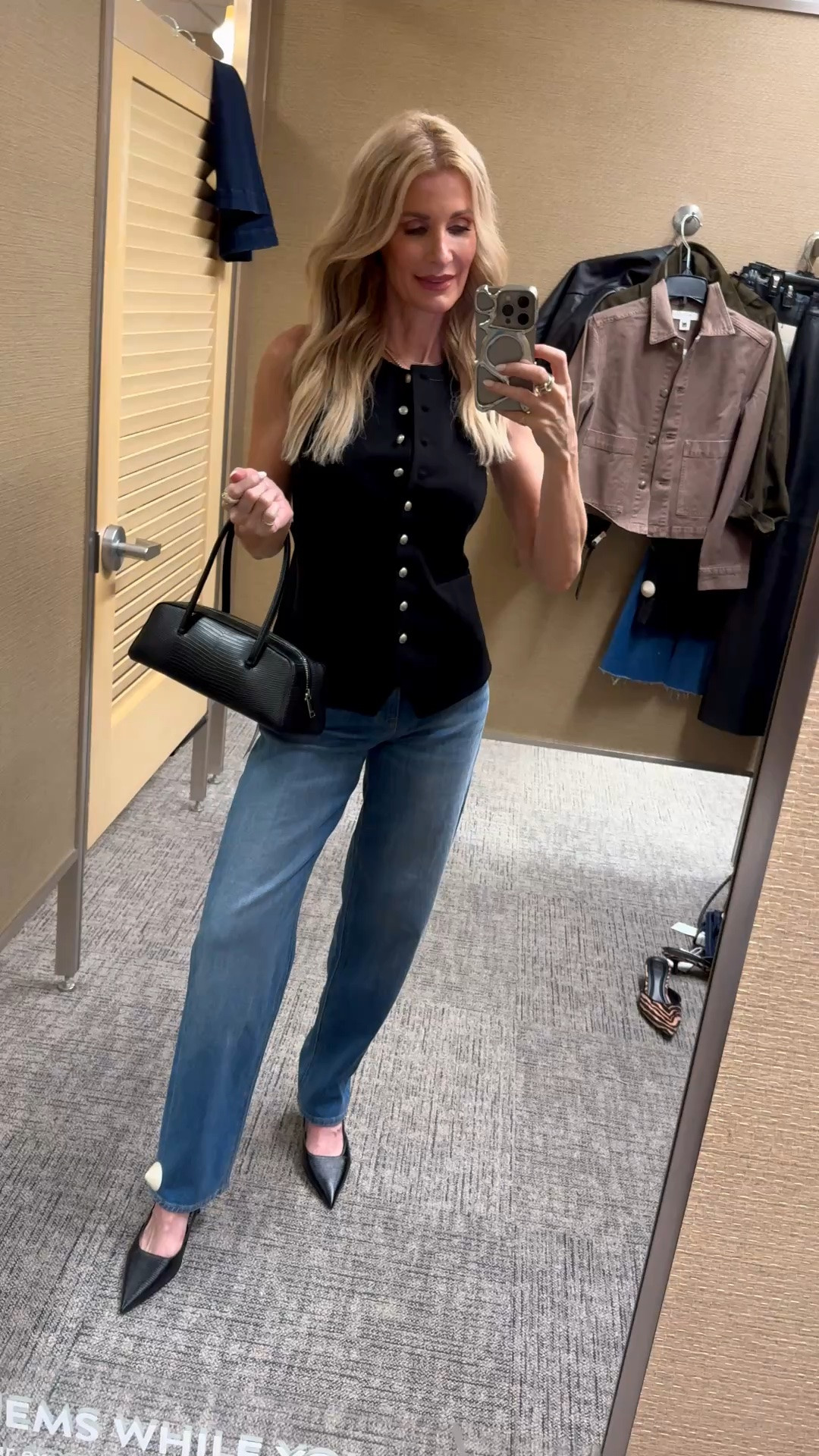 Entire look is part of the Nordstrom Anniversary Sale. ✨ This Rag & Bone sleeveless black vest has an impeccable fit, and I love the silver buttons. I paired it with my #1 denim pick from the sale—these Veronica Beard Soft Barrel jeans that are so flattering—and these chic black lizard slingbacks. I’m wearing an XS in the vest and a 24 in the jeans.

#LTKootd #LTKOver40 #LTKSaleAlert