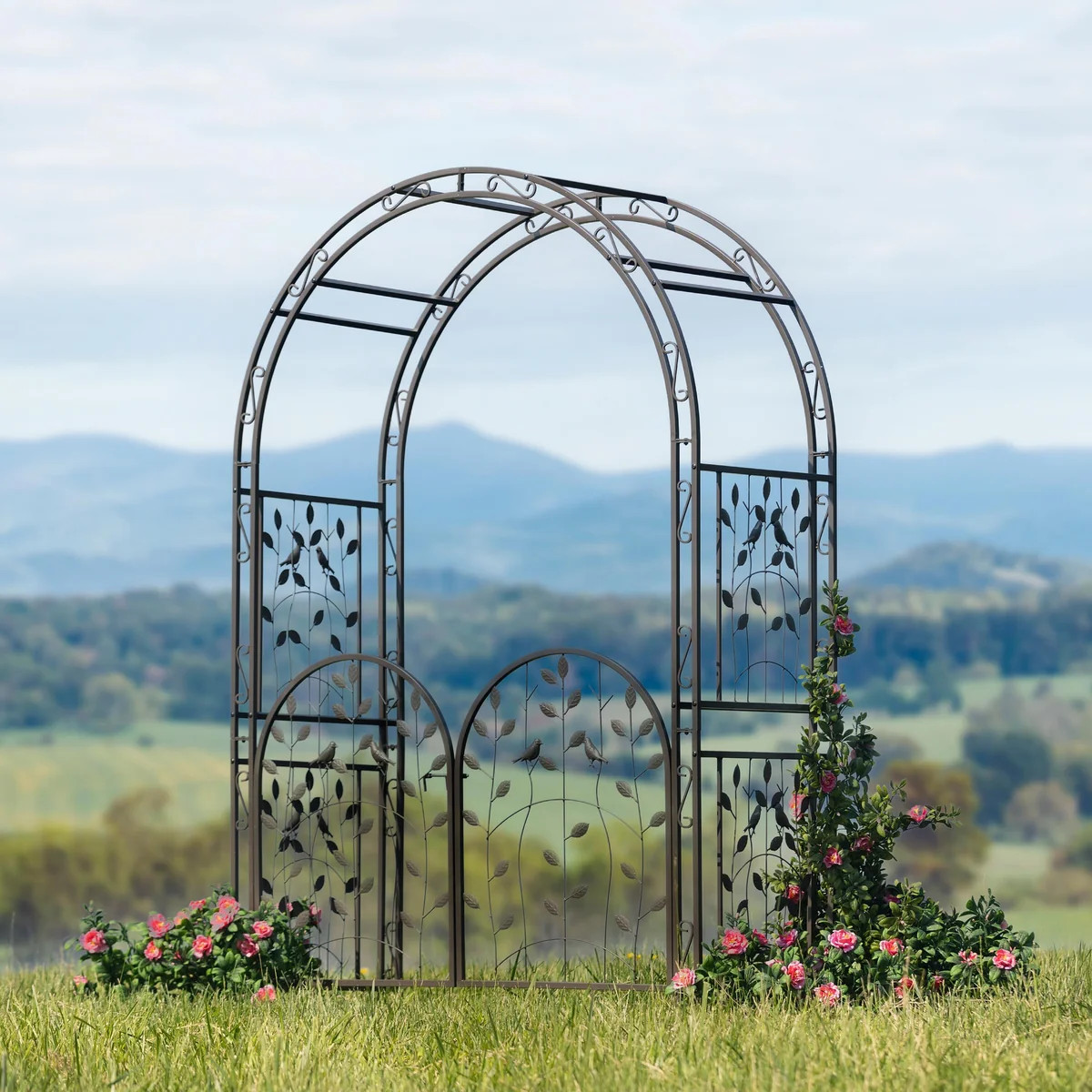 Metal Arched Birds and Leaves Garden Arbor with Gate | Plow & Hearth