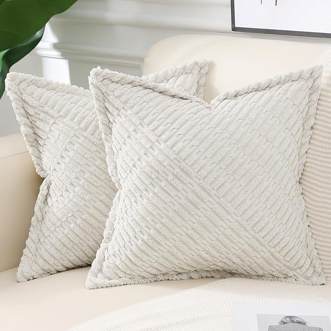 decorUhome Decorative Cream White Throw Pillow Covers 18x18 Set of 2 with Splicing, Boho Soft Cor... | Amazon (US)