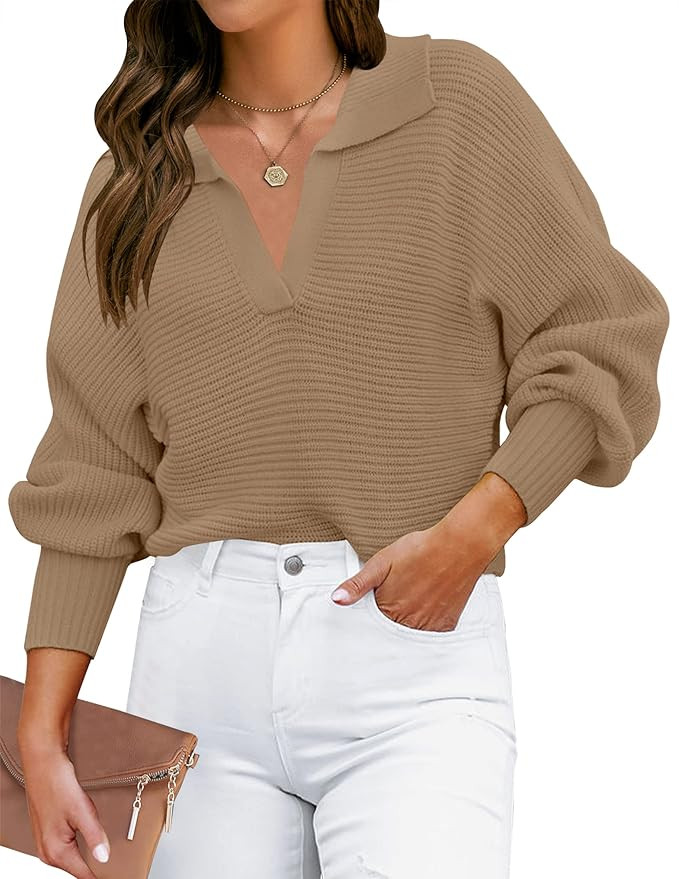 ZESICA Women's 2023 Fall Lapel Collar V Neck Long Sleeve Ribbed Knit Comfy Loose Casual Pullover ... | Amazon (US)