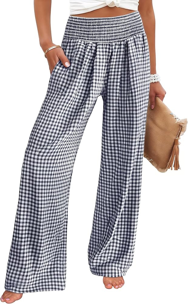 ANRABESS Womens Palazzo Pants, Striped & Gingham, Lounge & Casual, Cute Pajama Pants, Wide Leg, H... | Amazon (US)