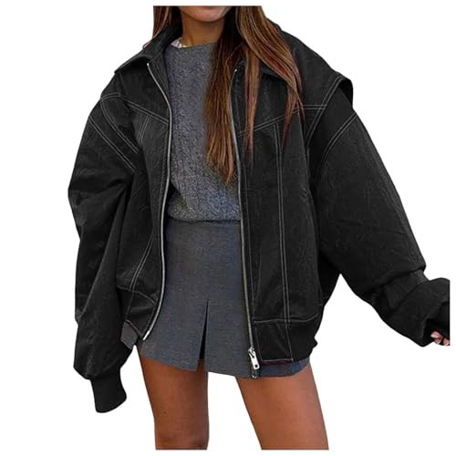 LVOFTJU Leather Jacket Women,Faux Leather Jacket Women,Oversized Leather Jacket Women Y2k Fall Fashion 2024 Lapel Zip Up Bomber Jacket Faux Suede Motorcycle Coats Winter,A002Black,S | Amazon (US)