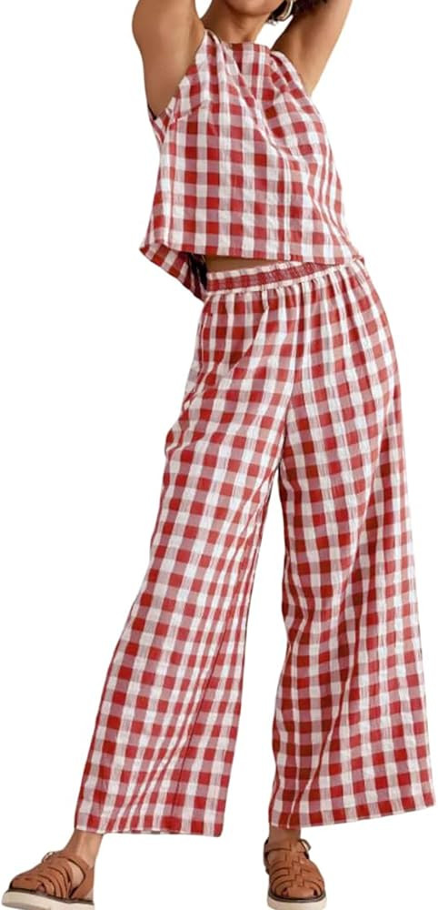 Womens 2 Piece Outfits Gingham Set Y2k Cotton Vacation Plaid Pajamas Summer Sleeveless Top Checke... | Amazon (US)