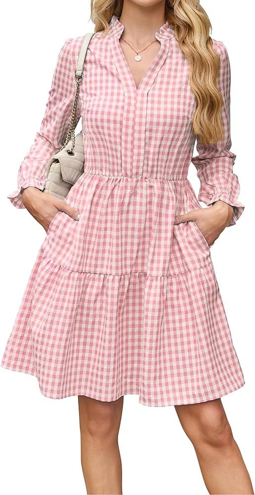 Theenkoln Womens Casual Midi Dress: Short Sleeve V-Neck Empire Waist Gingham Spring Fashion Long ... | Amazon (US)