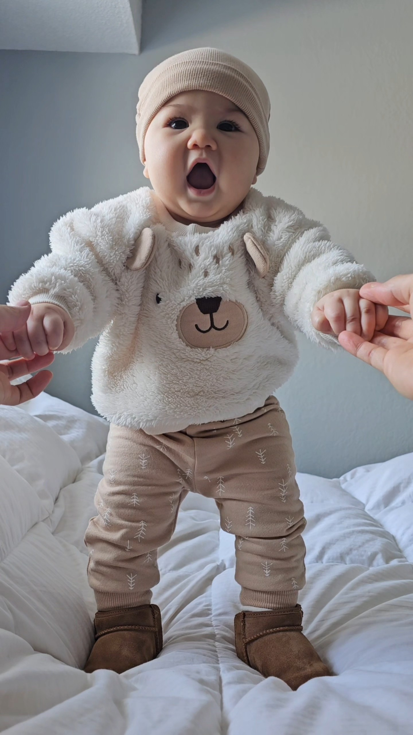 Unisex baby cozy teddy outfit 🐻, beige printed joggers, ivory teddy bear fleece crew neck sweat shirt, beige beanie hat, two tone crew socks, baby ugg boots. Linking the closest matches. 

#LTKootd #LTKgrwm #LTKBaby