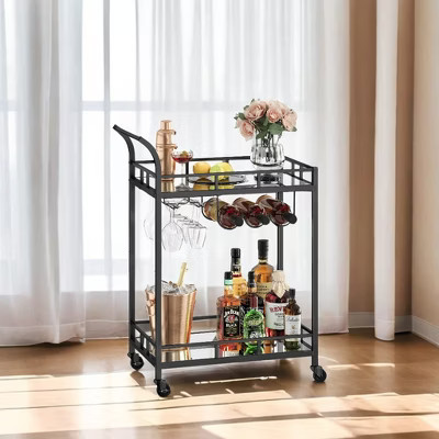 Bar Cart Black, Home Bar Serving Cart, Wine Cart With 2 Mirrored Shelves, Wine Holders, Glass Holders, For Kitchen, Dining Room | Target