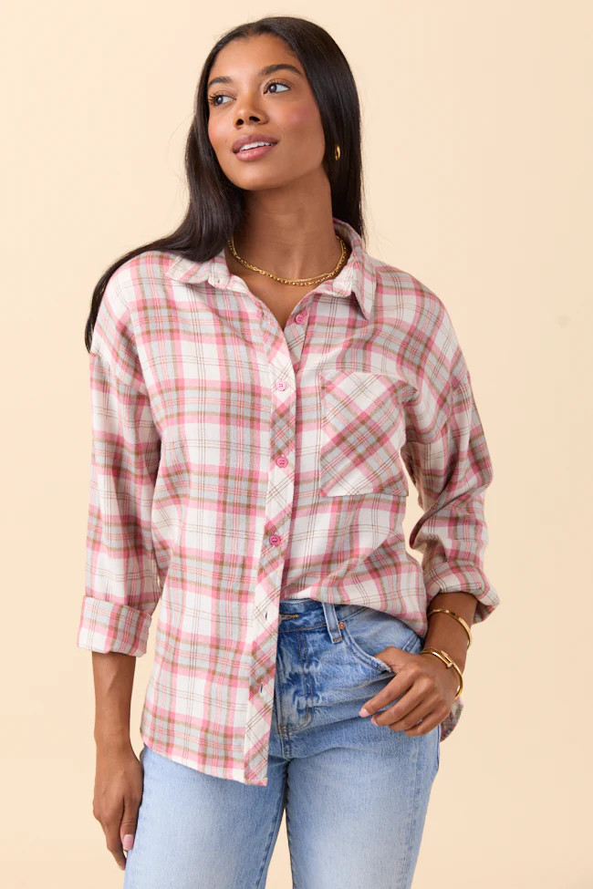 Rory Pink Flannel Button Down Top SALE | Pink Lily