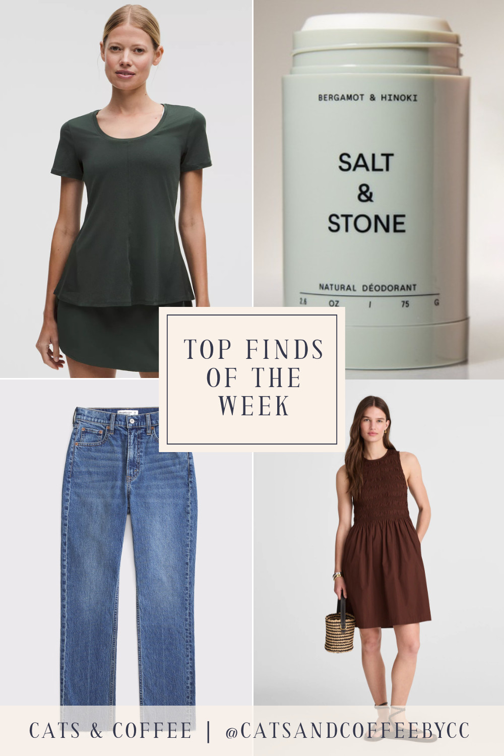 🎉💚 Four Top Finds of the Week: a summer-to-fall smocked Madewell dress (with pockets!), my favorite Abercrombie & Fitch jeans currently on sale, a great green flowy tee from Lululemon, and a sensitive skin-approved natural deodorant to try! 

 #LTKSeasonal #LTKSaleAlert #LTKPetite