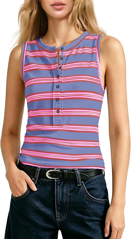 Yanekop Womens Striped Tank Top Slim Fit Henley Neck Button Down Cami Shirt | Amazon (US)