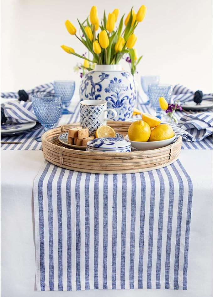 Solino Home Table Runner 72 Inches Long - Amalfi Stripe, 100% Pure Linen Navy and White Table Run... | Amazon (US)