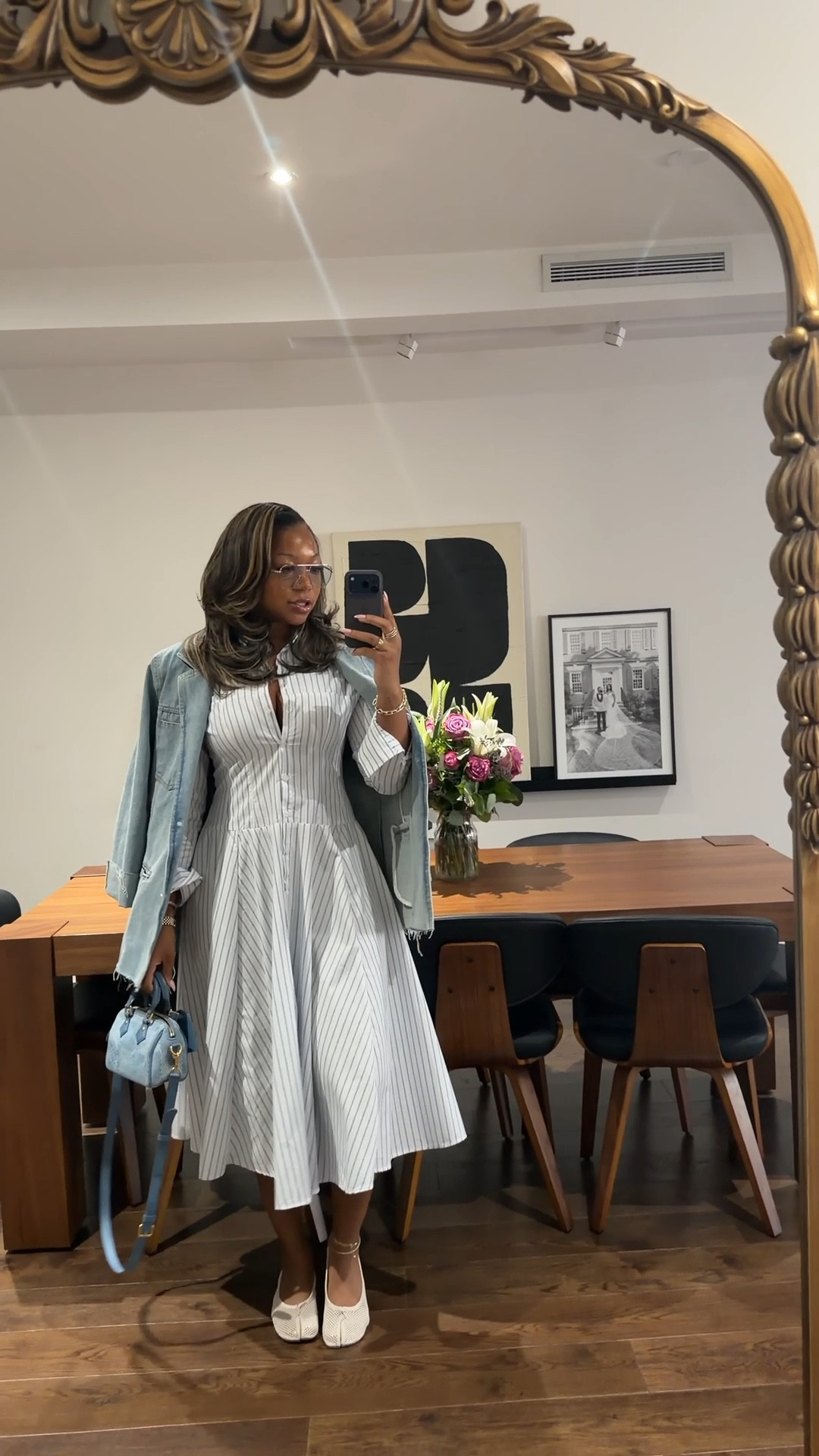 Happy Sunday!! 5’9 200 lbs Wearing a large in the dress and I love love love my new flats 😍 I linked similar bags and denim blazers. 

#LTKTall #LTKMidsize #LTKootd