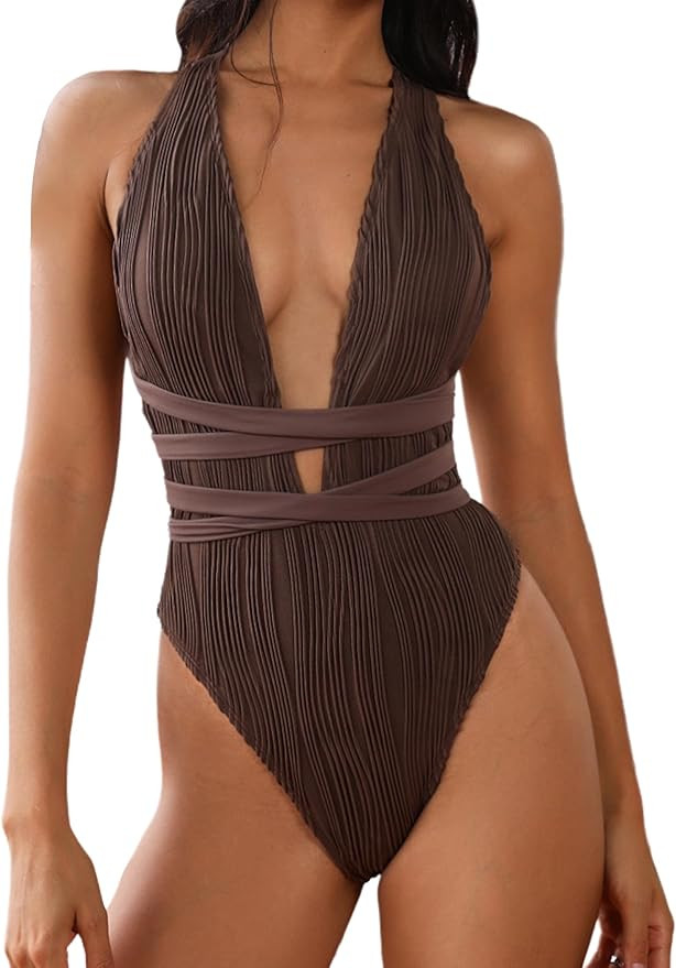 ZAFUL Women's One Piece Swimsuit Deep V Neck Ribbed Self Tie Sexy High Cut Bathing Suit Crisscros... | Amazon (US)