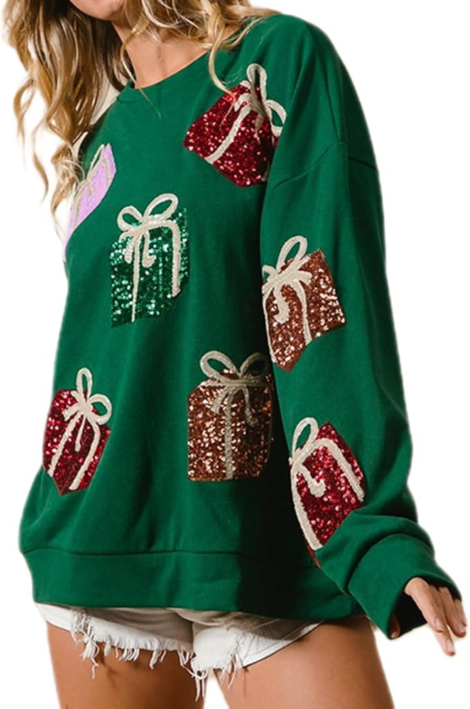 UAURORAO Women Glitter Christmas Sweatshirts Oversized Sequin Funny Shirts Long Sleeve Sparkly Xm... | Amazon (US)
