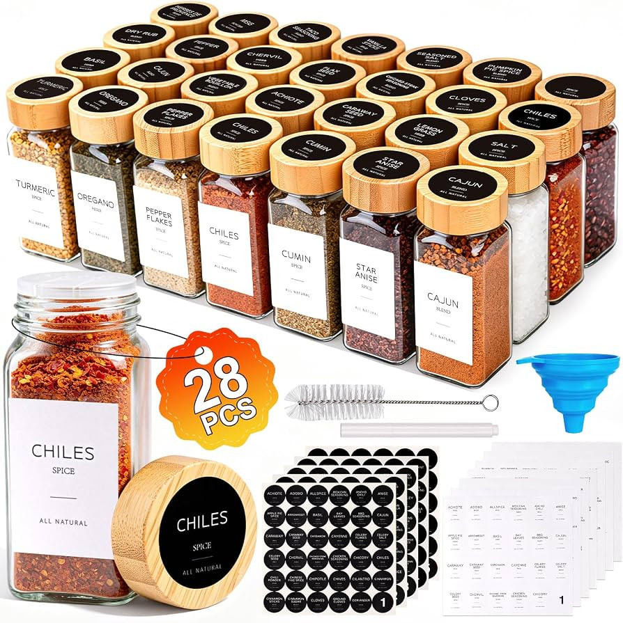 28PCS Spice Jars with Label, 4oz Glass Seasoning Containers with Bamboo Lid | Amazon (US)