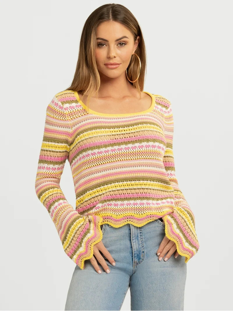 Jessica Simpson Women's Lilianna Cotton Pointelle Sweater with Long Sleeves, Lightweight, Sizes X... | Walmart (US)