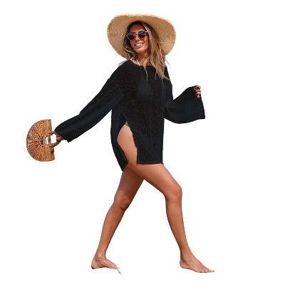 Women Crochet Knit Beach Cover Up Off Shoulder Long Sleeve Swimwear Cover Up, Black, One Size | Target