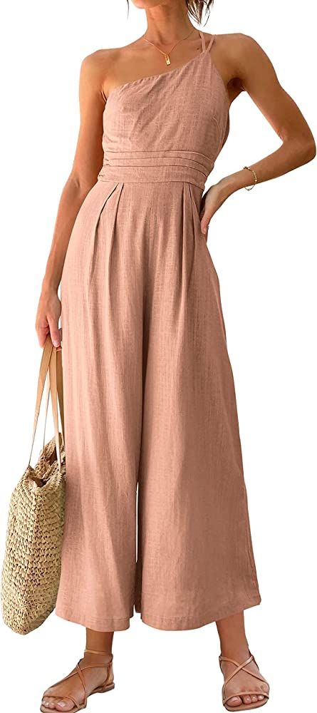 Prinbara Women's Summer One Shoulder Straps Pleated Sleeveless High Waist Casual Wide Leg Jumpsuits  | Amazon (US)