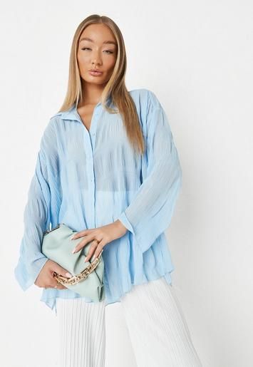 Missguided - Petite Blue Crinkle Sheer Oversized Shirt | Missguided (US & CA)