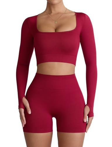 Niipty Two Piece Workout Set for Women Long Sleeve Top Matching High Waist Scrunch Butt Shorts Gym Sets Yoga Outfits - Red L | Amazon (US)