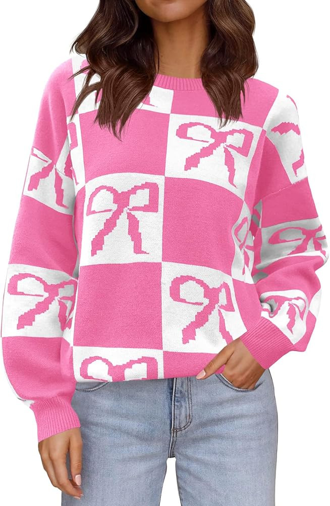 Saodimallsu Womens Color Block Bow Sweater Oversized Crewneck Long Sleeve Knit Warm Pullover Tops | Amazon (US)