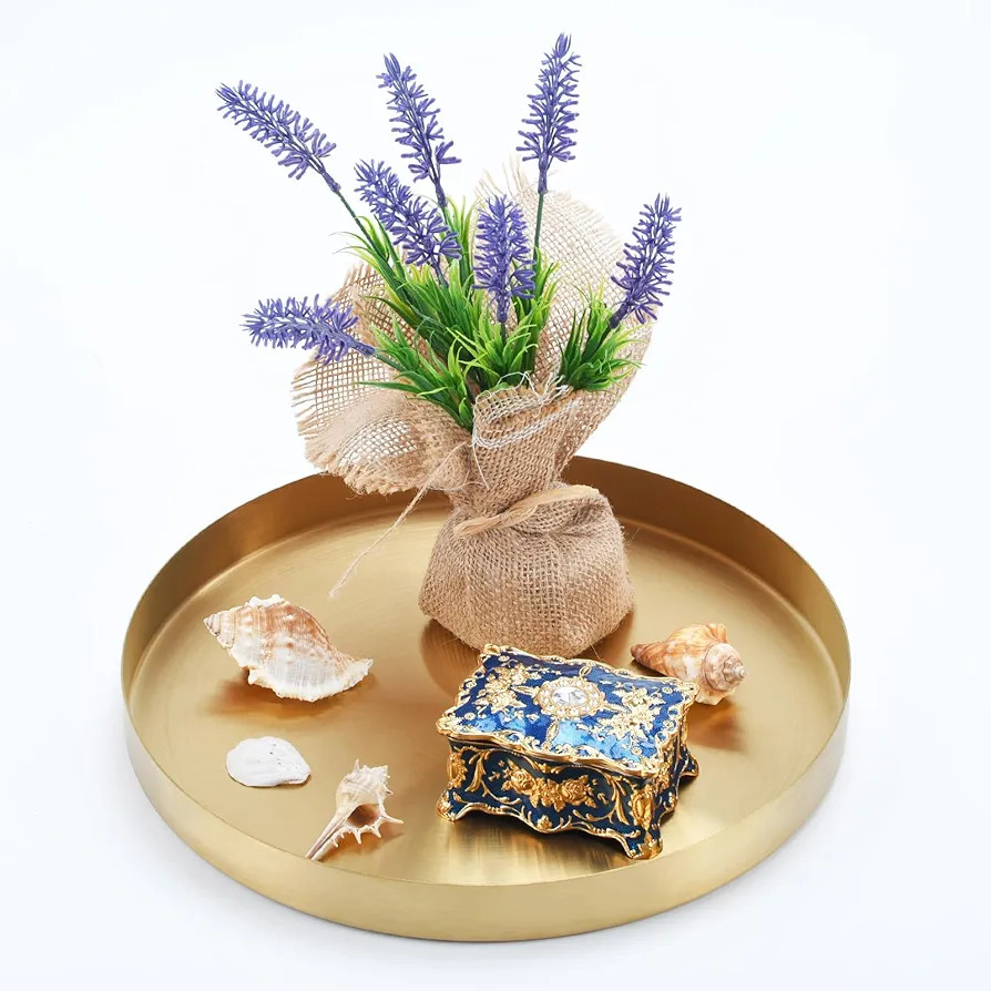 Round Brass Gold Serving Tray, 12 inch Golden Serving Platter for Coffee Table Display, Round Dec... | Amazon (US)