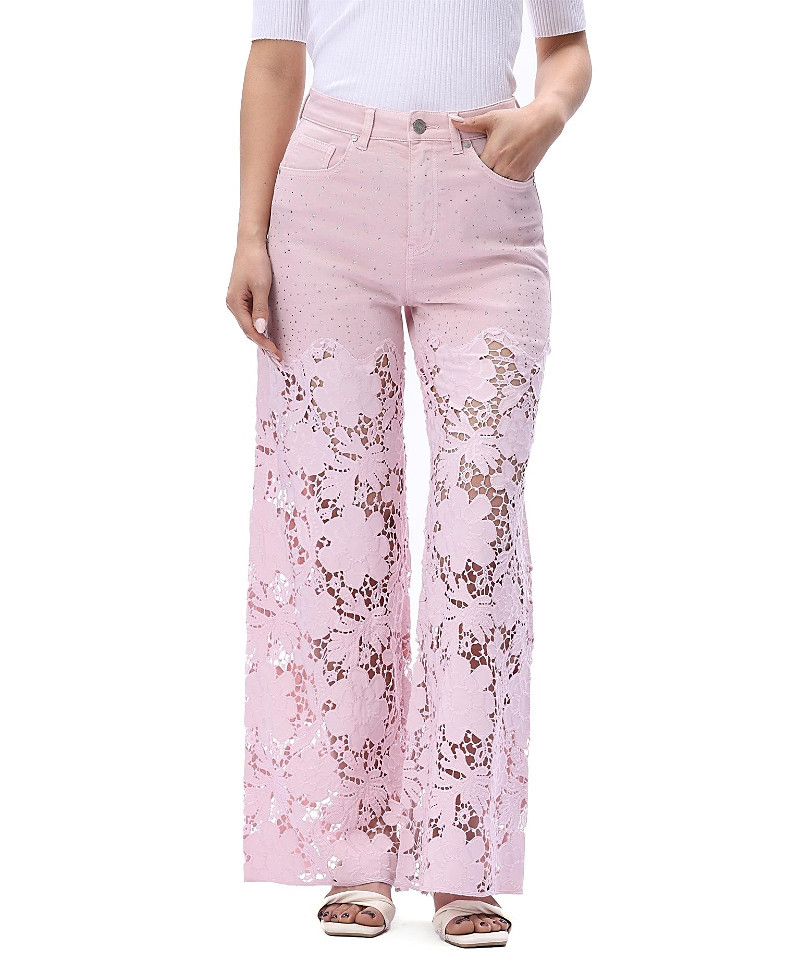 Bayeas Ultra High Rise Lace Patchwork Wide Leg Denim Jeans in Lavender Pink | Bloomingdale's (US)