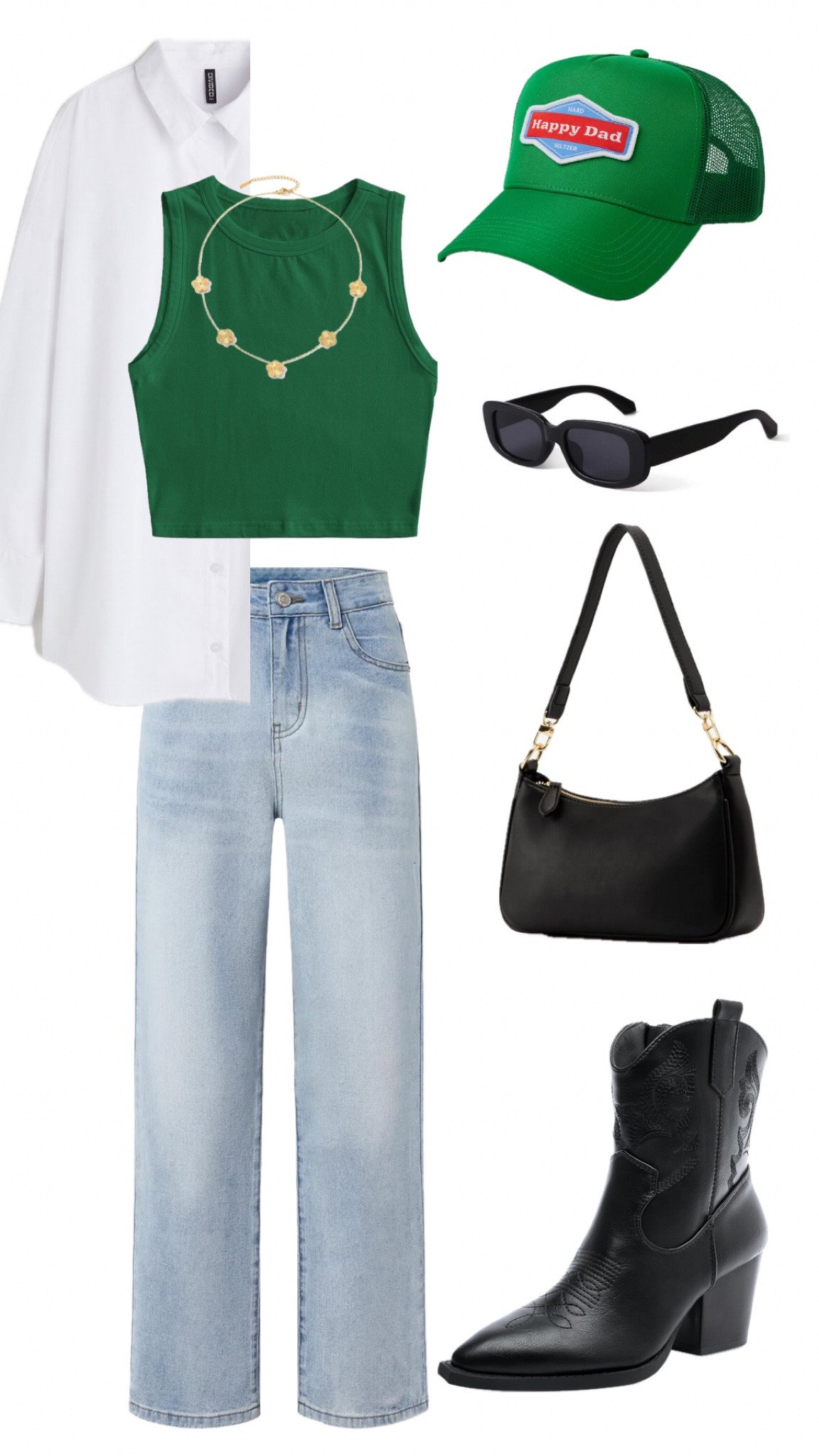 St patricks day outfit, st paddy’s day, st patricks day, green outfit, jeans, green tank, black sunglasses, black purse, st patricks bar outfit, black cowboy boots

#LTKparties #LTKsalealert #LTKstyletip