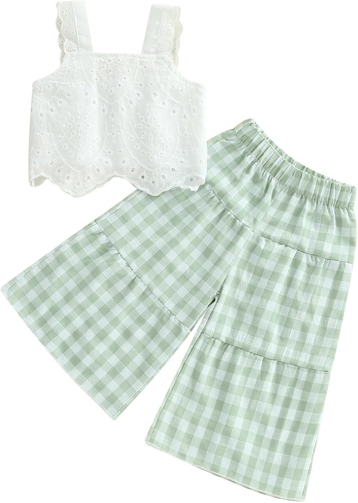 Toddler Baby Girl Outfit Summer Sleeveless Lace Hollow Out Crop Tank Tops Plaid Wide Leg Pants Se... | Amazon (US)