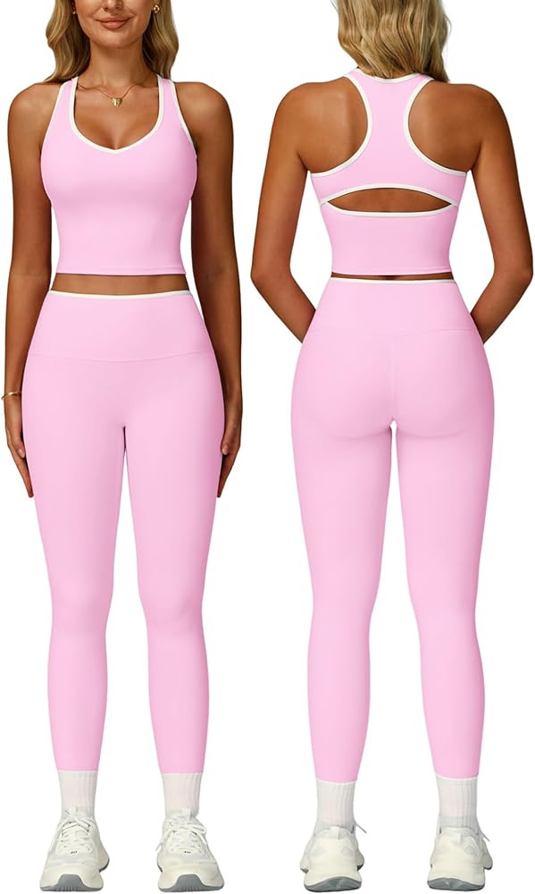 Women 2 Piece Workout Sets Racerback Color Block Tank Tops High Waist Tummy Control Active Leggin... | Amazon (US)